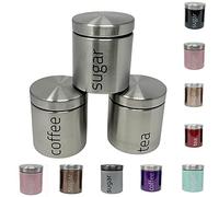 plastific Pack of 3 Contemporary Tea Coffee and Sugar Storage Set Jars Canisters With Satin Stainless Steel Lid, Kitchen Storage Caddy Containers Tins with Rubber Seal (Silver)