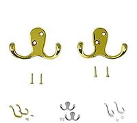 plastific Twin Robe Hooks Wall Mounted Brass Coat & Towel Hangers with Screws for Bathroom Bedroom Kitchen Wardrobe Cupboard (Pack of 2)