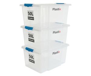 Plastix 3 X 50 Liter storage box containers with lids Set of 3,Really useful plastic box for Store Home & Office stuff Stackable [UK Made]