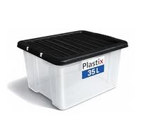 Plastix Clear Plastic Storage Box Boxes With Black Lids Home Office Stackable UK Made (1, 35L)