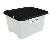 Plastix 50L 50 LITRE Clear Plastic Storage Box With Black Lid Home Office Stackable UK Made