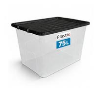 Plastix Clear Plastic Storage Box Boxes With Black Lids Home Office Stackable UK Made (1, 75L)