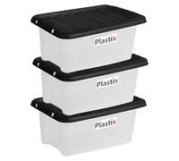Plastix Clear Plastic Storage Box Boxes With Black Lids Home Office Stackable UK Made (3, 13L)