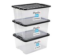 Plastix Clear Plastic Storage Box Boxes With Black Lids Home Office Stackable UK Made (3, 50L)