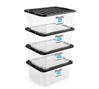 Plastix Clear Plastic Storage Box Boxes With Black Lids Home Office Stackable UK Made (4, 30L)