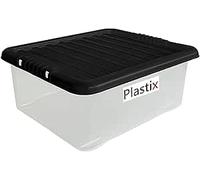 Plastix Clear Plastic Storage Box Boxes With Black Lids Home Office Stackable UK Made (4, 32L Underbed)