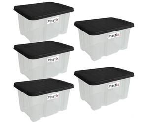 Plastix Set of 5 Clear Plastic Storage Box Boxes With Lids Home Office Stackable UK Made (24 LITRE, With Black Lid)
