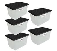 Plastix Set of 5 Clear Plastic Storage Box Boxes With Lids Home Office Stackable UK Made (30 LITRE, With Black Lid)