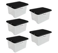 Plastix Set of 5 Clear Plastic Storage Box Boxes With Lids Home Office Stackable UK Made (35 LITRE, With Black Lid)