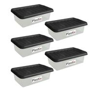 Plastix Set of 5 Clear Plastic Storage Box Boxes With Lids Home Office Stackable UK Made (7 LITRE, With Black Lid)
