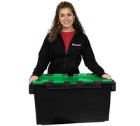 Plastor 1 x Large Plastic 80 Litre Heavy Duty Storage Box (71 x 46 x 36.8cm) Black and Green LC3 Crate with Attached Hinged Lid