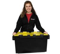 Plastor 1 x Large Plastic 80 Litre Heavy Duty Storage Box (71 x 46 x 36.8cm) Black and Yellow LC3 Crate with Attached Hinged Lid