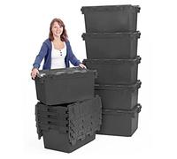 Plastor 10 x Large Plastic 80 Litre Heavy Duty Storage Boxes (71 x 46 x 36.8cm) Black LC3 Crates with Attached Hinged Lids