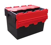 Plastor 2 x Plastic 80 Litre Heavy Duty Storage Boxes (60 x 40 x 42cm) Black and Red Euro Crates with Attached Hinged Lids