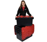 Plastor 5 x Large Plastic 80 Litre Heavy Duty Storage Boxes (71 x 46 x 36.8cm) Black and Red LC3 Crates with Attached Hinged Lids