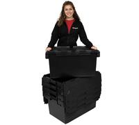 Plastor 5 x Large Plastic 80 Litre Heavy Duty Storage Boxes (71 x 46 x 36.8cm) Black LC3 Crates with Attached Hinged Lids