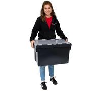 Plastor Pack of 1 - Plastic 65 Litre Heavy Duty Storage Boxes (60 x 40 x 36.5cm) Black Crates with Grey Attached Hinged Lids