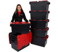 Plastor Pack Of 10 - 80 Litre Heavy Duty Large Storage Box Crates (71 X 46 X 36.8Cm) Recycled Plastic Black With Red Attached Lid