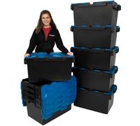 Plastor Pack of 10 - Large Plastic 80 Litre Heavy Duty Storage Boxes (71 x 46 x 36.8cm) Black and Blue LC3 Crates with Attached Hinged Lids