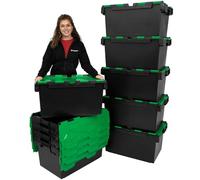 Plastor Pack of 10 - Large Plastic 80 Litre Heavy Duty Storage Boxes (71 x 46 x 36.8cm) Black and Green LC3 Crates with Attached Hinged Lids
