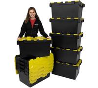 Plastor Pack of 10 - Large Plastic 80 Litre Heavy Duty Storage Boxes (71 x 46 x 36.8cm) Black and Yellow LC3 Crates with Attached Hinged Lids