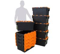 Plastor Pack of 10 - Plastic 55 Litre Heavy Duty Storage Box Tote Crates (60 x 40 x 30.6cm) Black with Orange Attached Hinged Lids