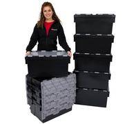 Plastor Pack Of 10 - Plastic 55 Litre Mid-Heavy Duty Storage Box Tote Crates (60 X 40 X 30.6Cm) Eco Black With Grey Attached Lid