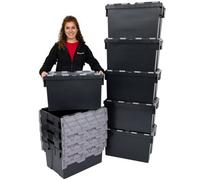Plastor Pack Of 10 - Plastic 65 Litre Mid-Heavy Duty Storage Box Tote Crates (60 X 40 X 36.5Cm) Eco Black With Grey Attached Lid