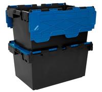 Plastor Pack of 2 - Large Plastic 80 Litre Heavy Duty Storage Boxes (71 x 46 x 36.8cm) Black and Blue LC3 Crates with Attached Hinged Lids