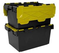 Plastor Pack of 2 - Large Plastic 80 Litre Heavy Duty Storage Boxes (71 x 46 x 36.8cm) Black and Yellow LC3 Crates with Attached Hinged Lids
