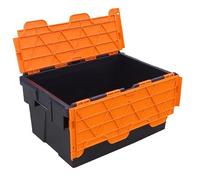 Plastor Pack of 2 - Plastic 55 Litre Heavy Duty Storage Box Tote Crates (60 x 40 x 30.6cm) Black with Orange Attached Hinged Lids