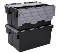 Plastor Pack Of 2 - Plastic 55 Litre Mid-Heavy Duty Storage Box Tote Crates (60 X 40 X 30.6Cm) Eco Black With Grey Attached Lid