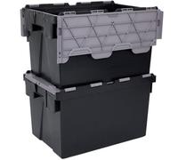 Plastor Pack Of 2 - Plastic 65 Litre Mid-Heavy Duty Storage Box Tote Crates (60 X 40 X 36.5Cm) Eco Black With Grey Attached Lid