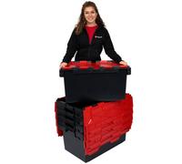 Plastor Pack Of 5 - 80 Litre Heavy Duty Large Storage Box Crates (71 X 46 X 36.8Cm) Recycled Plastic Black With Red Attached Lid