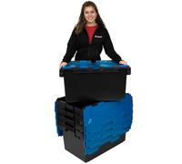 Plastor Pack of 5 - Large Plastic 80 Litre Heavy Duty Storage Boxes (71 x 46 x 36.8cm) Black and Blue LC3 Crates with Attached Hinged Lids