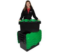 Plastor Pack of 5 - Large Plastic 80 Litre Heavy Duty Storage Boxes (71 x 46 x 36.8cm) Black and Green LC3 Crates with Attached Hinged Lids