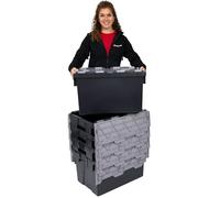 Plastor Pack of 5 - Plastic 65 Litre Heavy Duty Storage Boxes (60 x 40 x 36.5cm) Black Crates with Grey Attached Hinged Lids