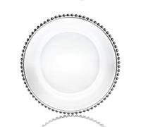 plate Elegant Design Glass Charger Clear/Gold, Silver & Rose Gold Beaded Decorative Wedding Dinner (Silver Beaded)