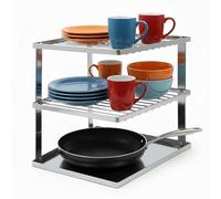 joeji's Kitchen 3 Tier No-Wobble Plate Rack for Kitchen Cupboard Storage - Corner Plate Rack Cupboard Shelf Organiser 25x25x19cm - Silver