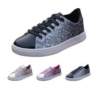 Plate Shoes Women's Sequins Glitter Patent Leather Elegant Trainers Women Waterproof Outdoor Leisure Shoes Breathable Walking Shoes Laces Shoes Skater Shoes, black, 36 EU