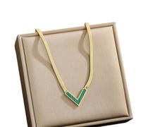 Plated Personality V-Shaped Pendant Necklace, Minimalist Flat Snake Chain Pendant Necklace for Daily Wear Party (Green,One)