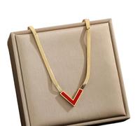 Plated Personality V-Shaped Pendant Necklace, Minimalist Flat Snake Chain Pendant Necklace for Daily Wear Party (Red,One)