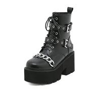 Platform Ankle Boots for Women Gothic Round Toe Studded Lace up Chain Zipper Combat Boots Womens, Black (Buckle) 36 (240）- UK 5