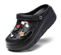 Platform Clogs for Women - High Heel Garden Clogs, Lightweight Gardener Shoes, Nurse Shoes, Fashion Wedge Sandals, Breathable Slides - 2 Inch Heel, Black, Size 40