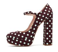 Platform Closed Toe High Heels for Women's, Mary Janes Banquets Chunky Block High Pumps Classic Round Toe Ankle Strap Dress Fashion Party Heeled Shoes,Brown Polka dots,5 UK
