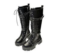 Platform Combat Boot, Womens Combat Boots Lace up Buckle Mid Calf Low Heel Chunky Platform Lug Sole Booties Round Toe Punk Motorcycles Combat Long Boot Leather Outdoor Biker Shoe Footwear Black