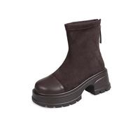 Platform Combat Boots, Black Stretch Fabric Upper, Chunky Lug Sole Side Zipper Boots for Women Ankle Short Single Shoes Ladies Casual (Brown, 3.5)