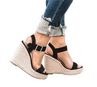 Platform Heel Sandals,Straw Hemp Rope Sandals, Wedge Platform Sandals,black,38,Women's Open Toe Footbed Sandals