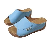 Platform Heels, Fashion Orthopedic Slides for Women: Leather Wedge Heel Open Toe Fish Mouth Slippers with Arch Support Summer Casual Sandals Blue 7.5
