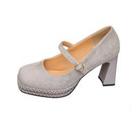 Platform Heels Ladies High Heel Round Head Buckle Thick Heel Shallow Mouth Large Size Shoes Casual Shoes Grey